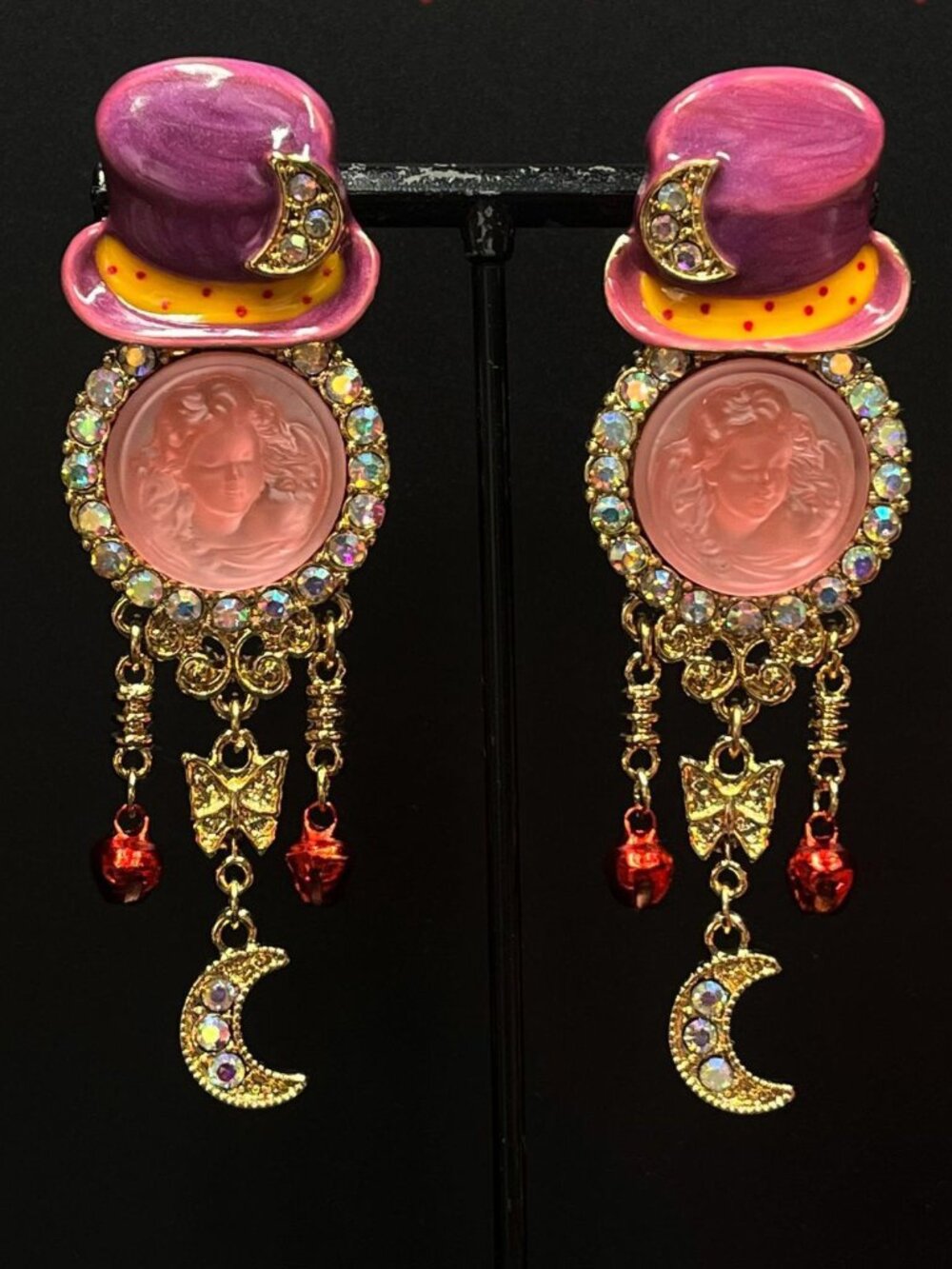 Kirks Folly Cameo Top Hat Moon Dangle Earrings